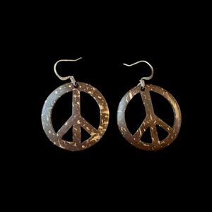 Vintage Authentic Genuine Natural Coconut Shell Peace Sign Hanging Earrings